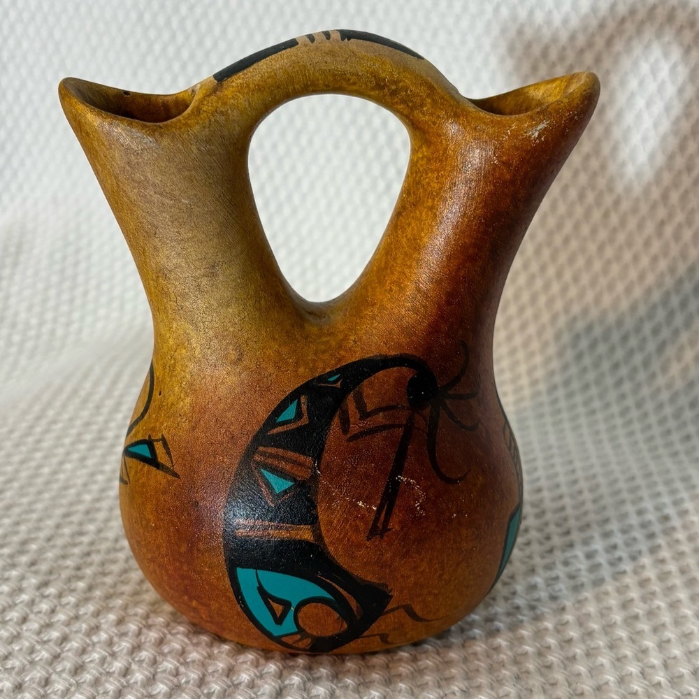 WEDDING JUG Mexican Artist Signed Brown and Black Ceramic Vase